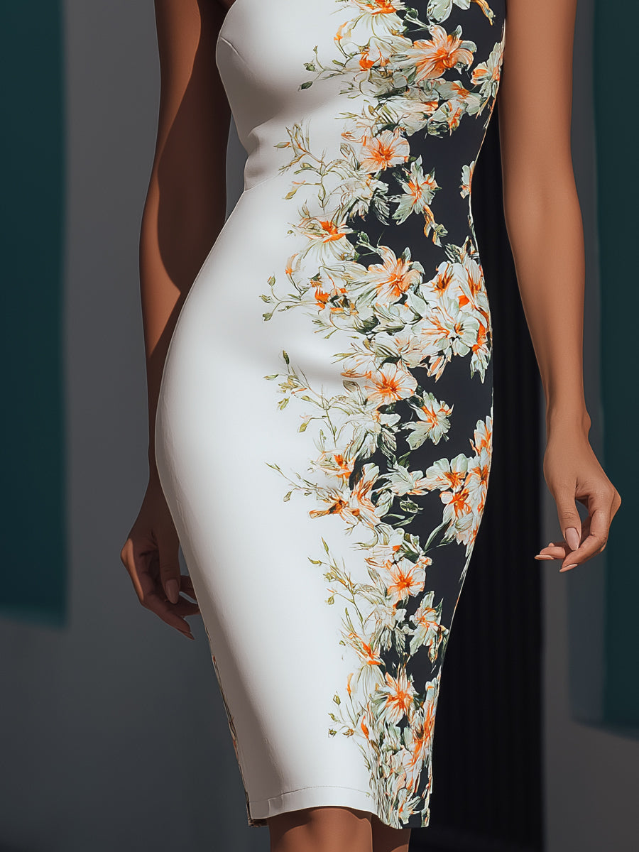 Tailored One-Shoulder Satin Floral Sheath Dress