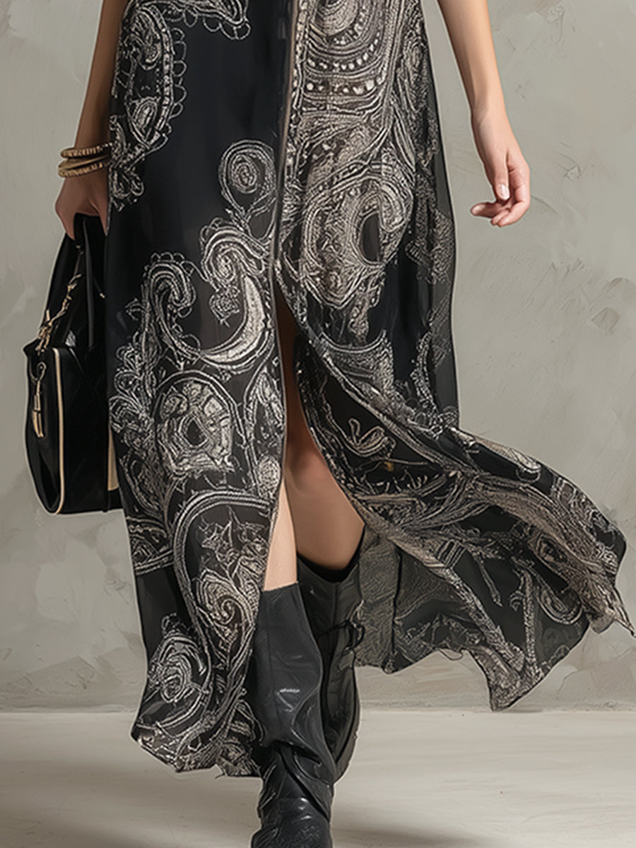 Vintage Elegant Lapel Collar Front Zipper Black Printed Chiffon Sleeveless Maxi Dress