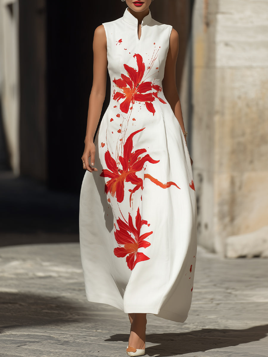Modern Mandarin Collar Floral Maxi Dress ¨C Artistic Red Lily Print