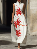 Modern Mandarin Collar Floral Maxi Dress ¨C Artistic Red Lily Print