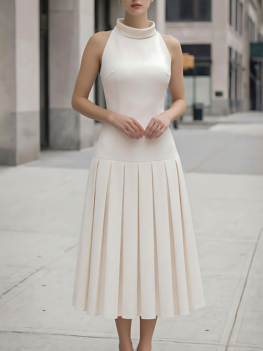 High-Neck Pleated Midi Dress With Sculpted Bodice