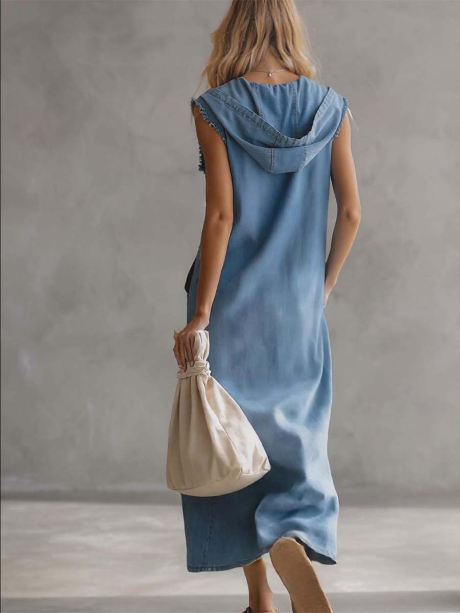 Exquisite Vintage Casual Hooded V-neck Zipper Side Slits Buttons Blue Denim Midi Dress