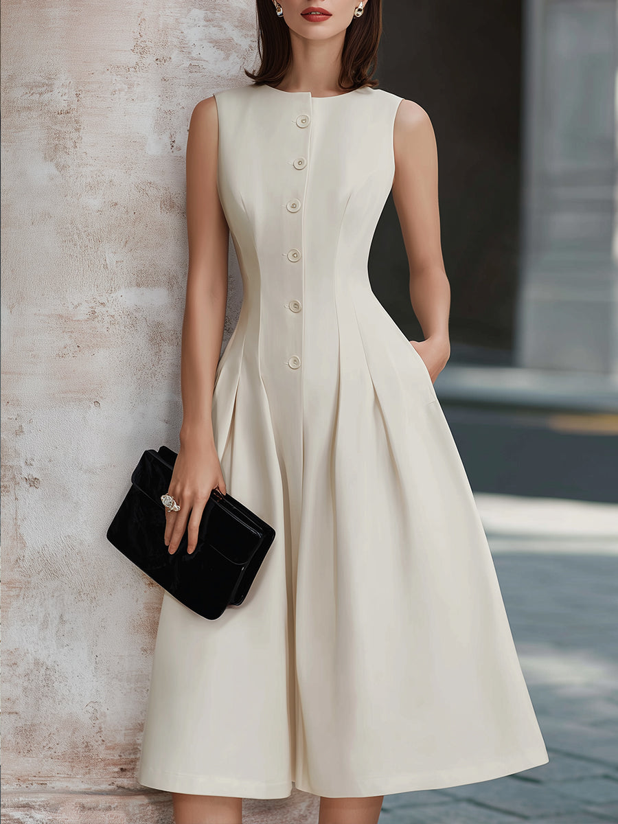 Sleeveless Button-Front Fit And Flare Midi Dress