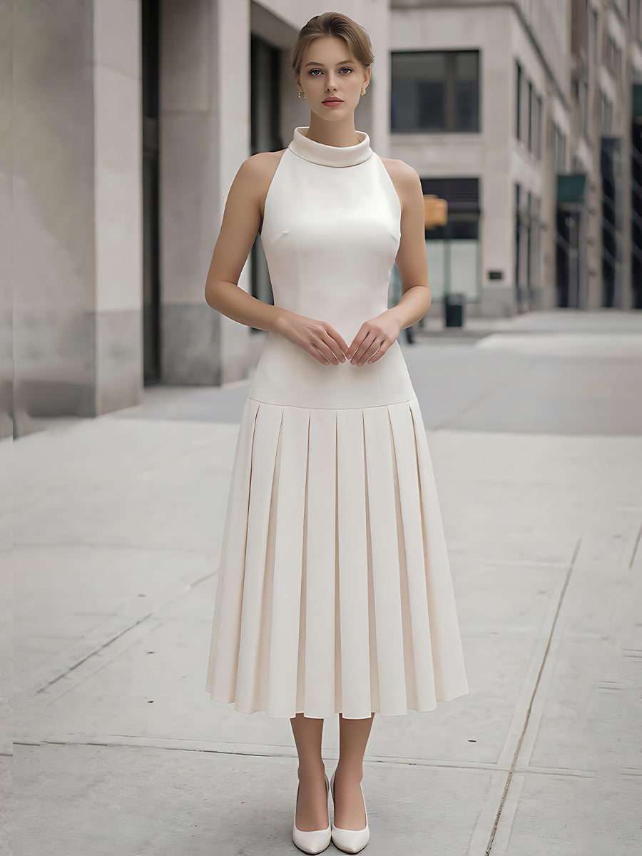 High-Neck Pleated Midi Dress With Sculpted Bodice