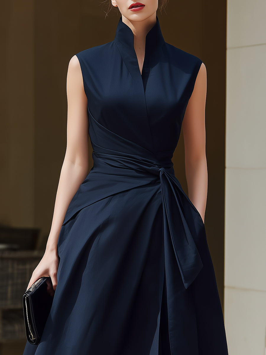 Sleeveless Wrap Midi Dress With Structured Stand Collar
