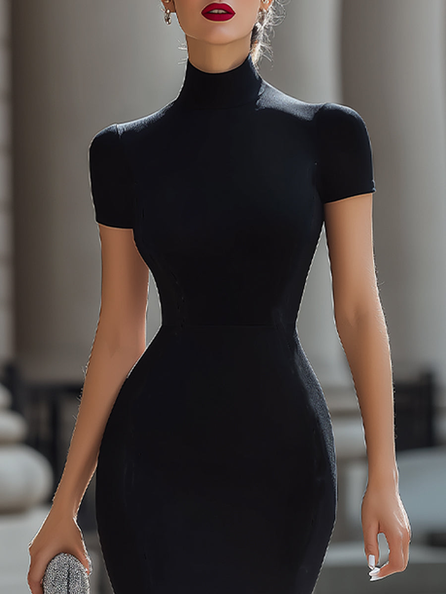 Black & White Contrast Pleated-Hem Turtleneck Midi Bodycon Dress