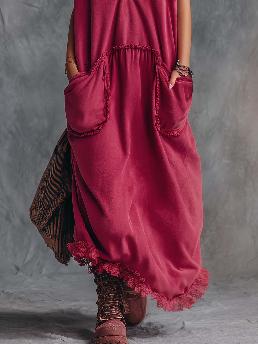 Vintage Casual Sporty Hooded V-neck Front Zip Lace Trim Sleeveless Raspberry Red Cotton Maxi Dress