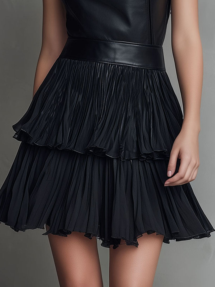 Chic Black Eco Leather & Pleated Chiffon Tiered Skirt Mini Dress