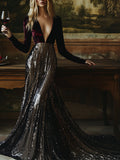 ¡¾24-hour shipping out¡¿V-Neck Stylish Elegant Solid Color Velvet Sequined Long Maxi Dress