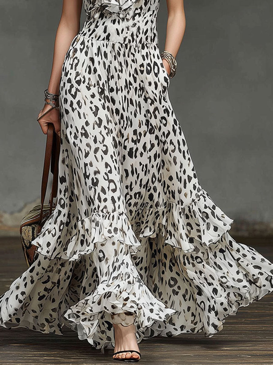 Leopard Print Ruffled V-neck Chiffon Sleeveless Maxi Dress