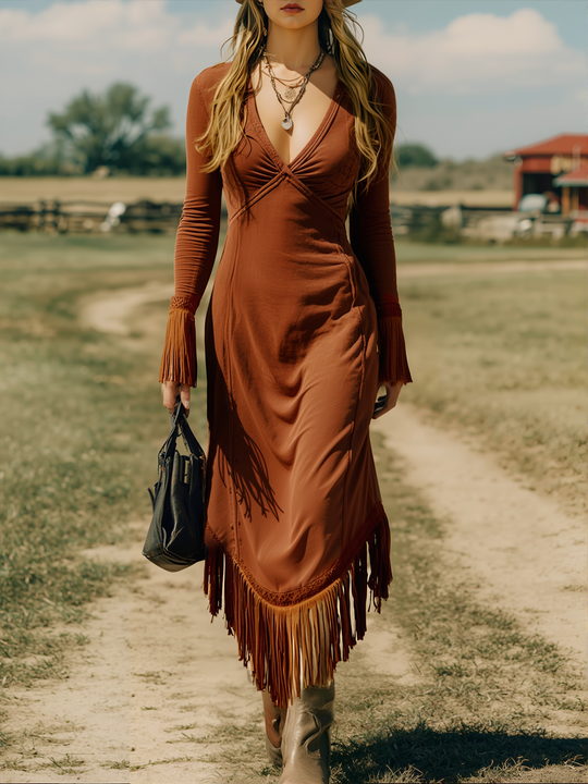 Western Retro Brick Red Cotton Long Sleeve Tassel Maxi Dress