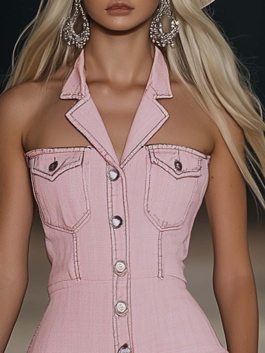 ¡¾24-hour shipping out¡¿Fashion Off-The-Shoulder Lapel Front Button Pink Denim Mini Dress