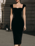 Vintage Glamour Velvet Midi Dress ¨C Square Neck Bodycon With Cap Sleeves