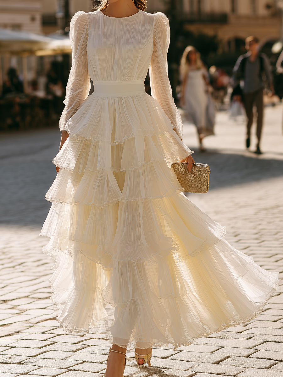 Tiered Ruffle Long Sleeve Pleated Maxi Dress