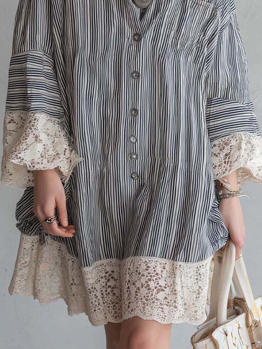 Bohemian Casual Striped Button Shirt Dress With Lace Trim