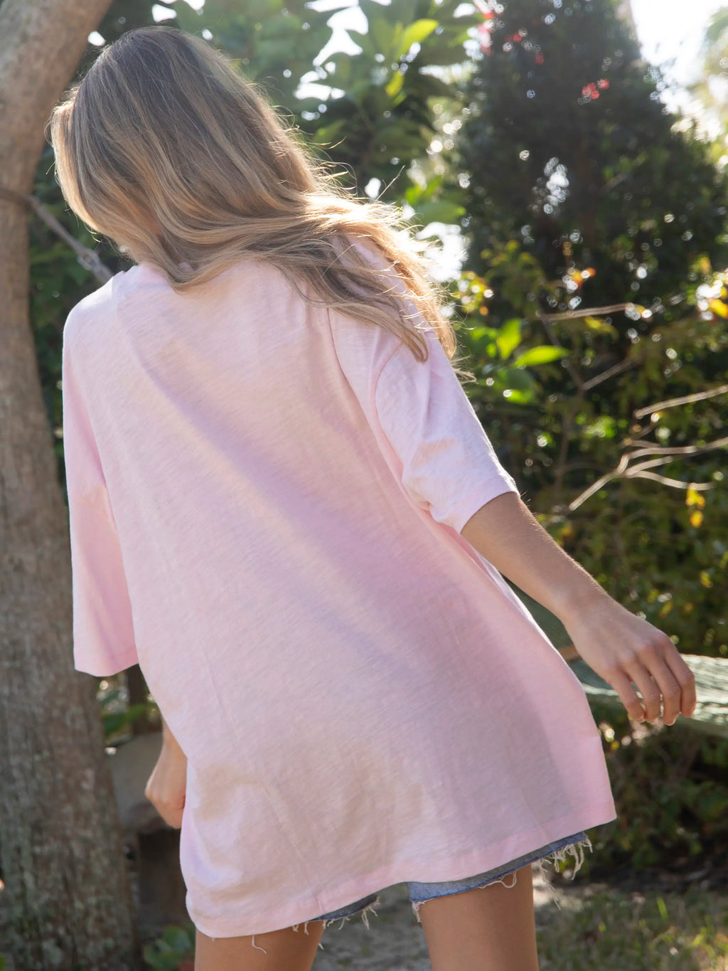 Oversized Cotton Applique Tee - Light Pink Peace Sign