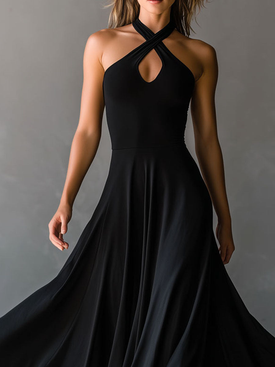 Retro Elegant Black Keyhole Halter Neck A-Line Midi Dress