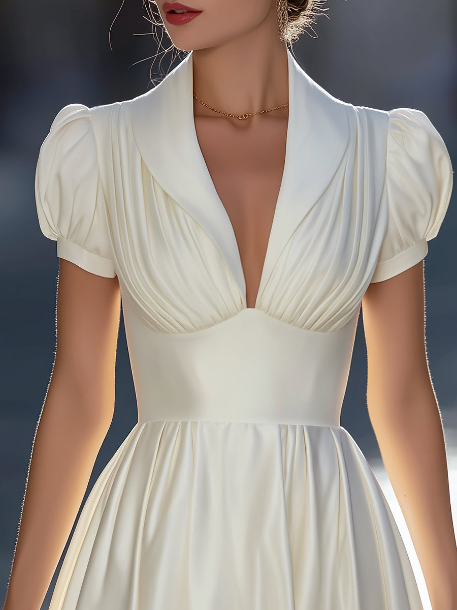 Pleated V-Neck Puff Sleeve Fit-and-Flare Dress