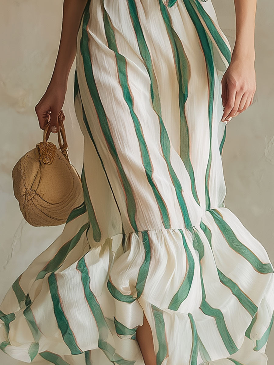 Stylish And Elegant Color-blocked Striped Chiffon Midi Dress