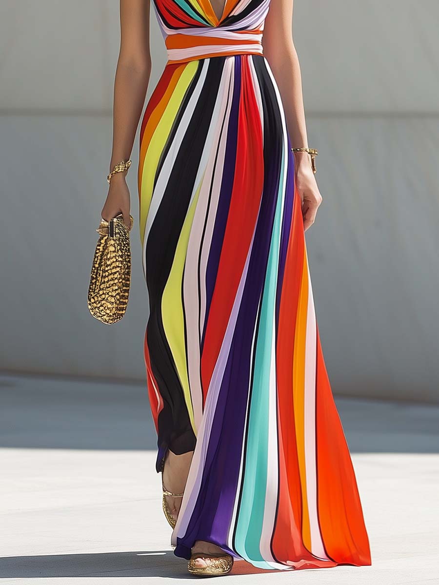 ¡¾24-hour shipping out¡¿Elegant Flowing V-neck Rainbow Stripe Print Chiffon Maxi Dress