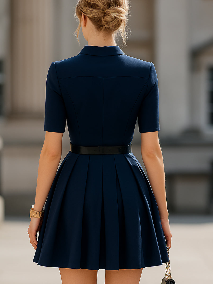 Navy Collared Zip-Front Pleated Mini Dress