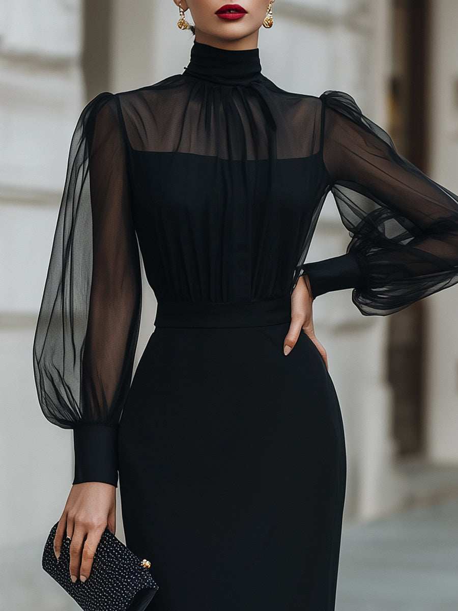 High-Neck Sheer Sleeve Tailored Midi Dress