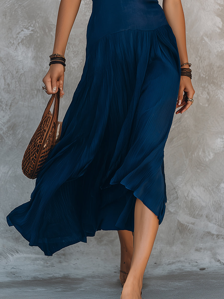 Retro Tencel Faux Two-piece Sleeveless Midi Dress