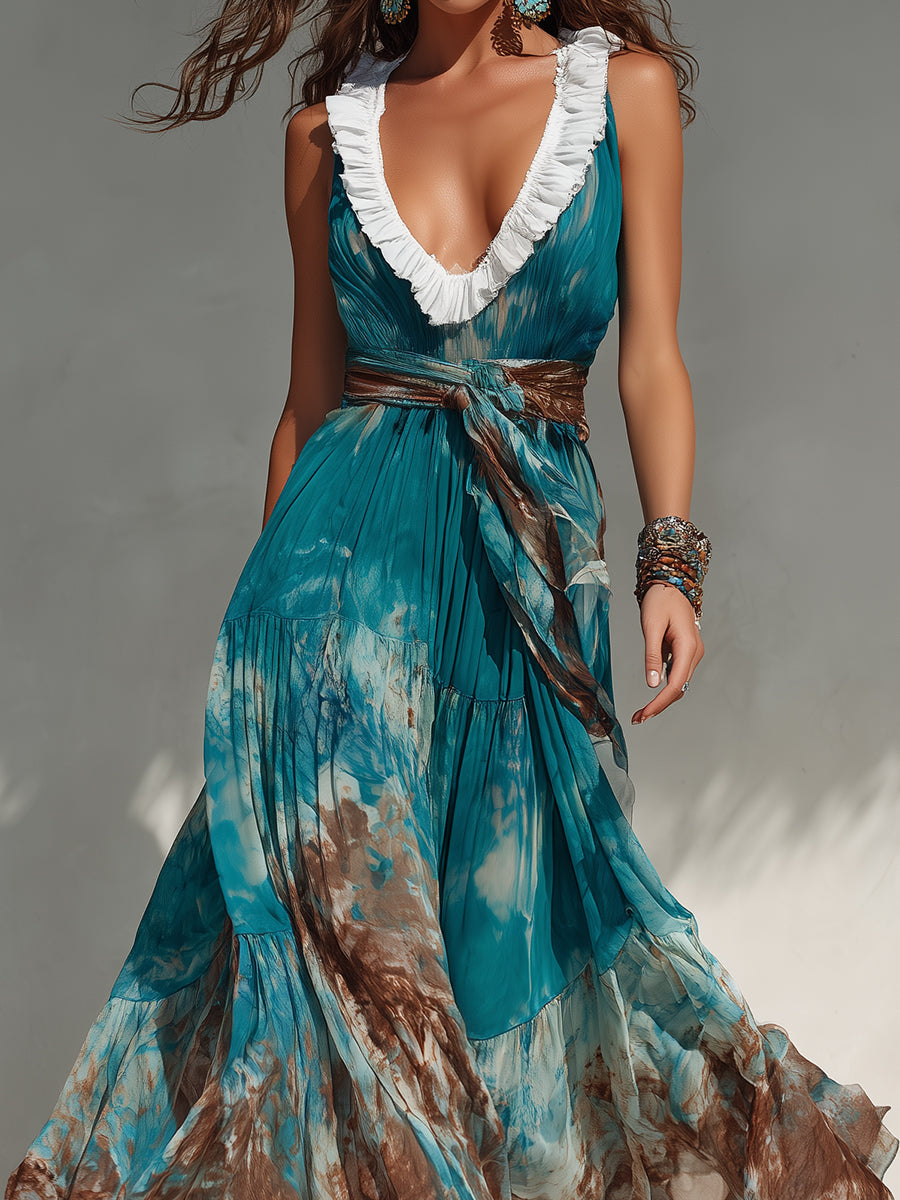 Bohemian Chiffon Printed Maxi Dress With Ruffles