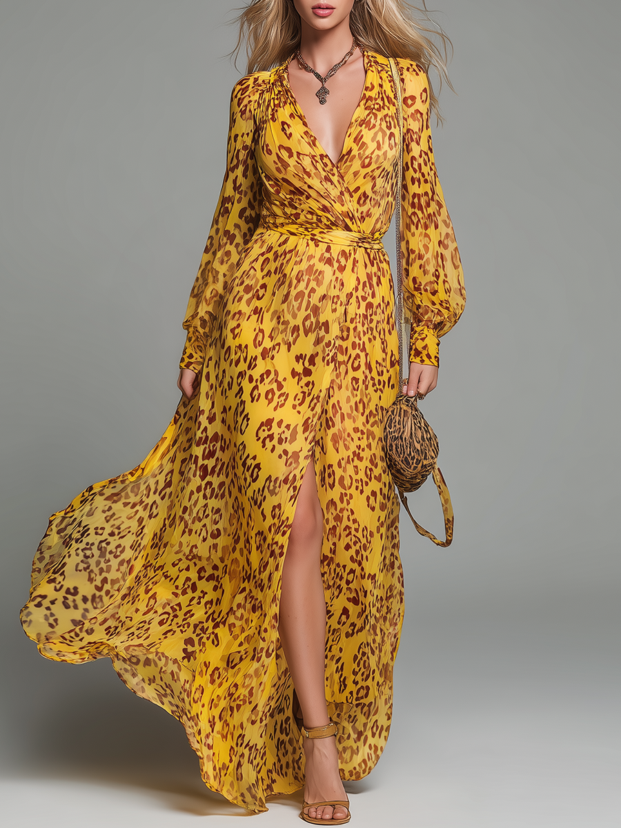 Stylish And Elegant V-neck Long-sleeved Leopard Print Chiffon Maxi Dress