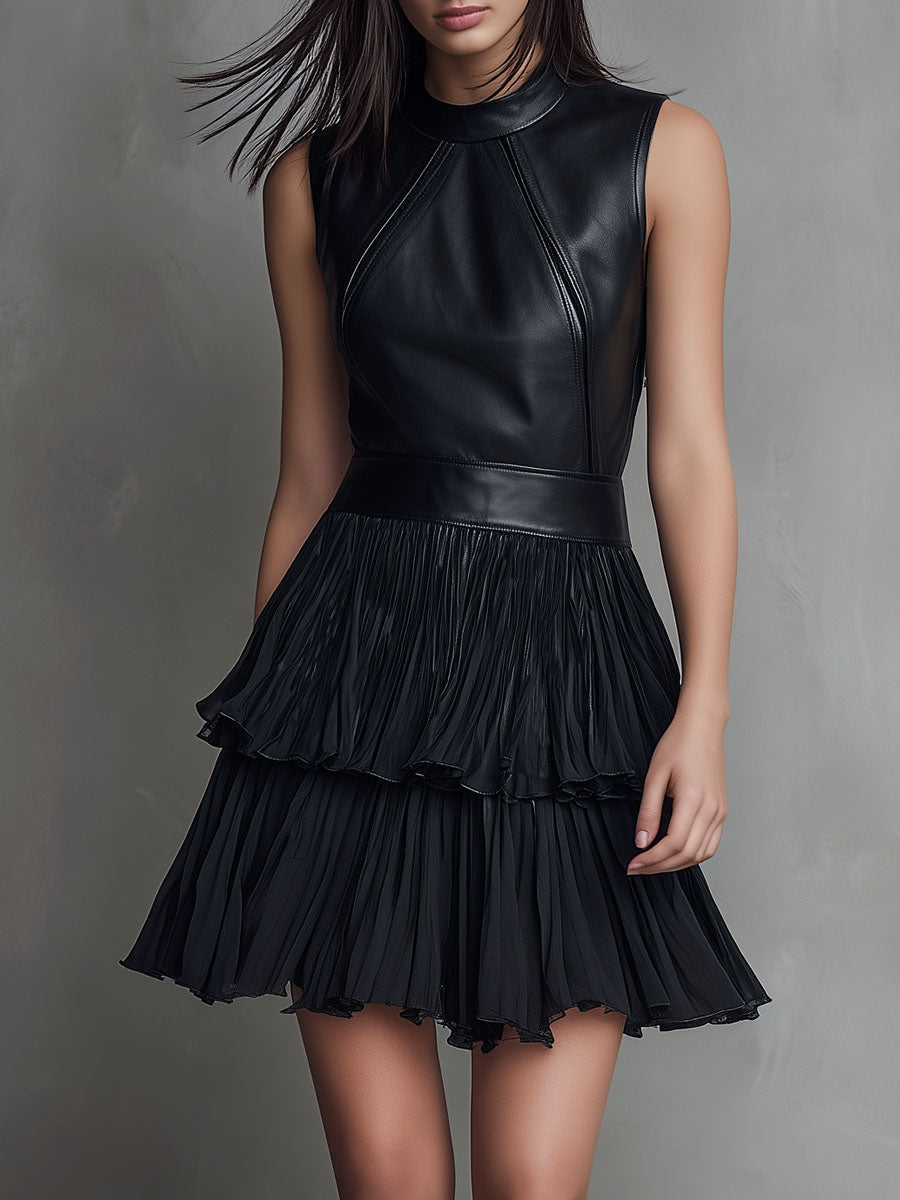 Chic Black Eco Leather & Pleated Chiffon Tiered Skirt Mini Dress