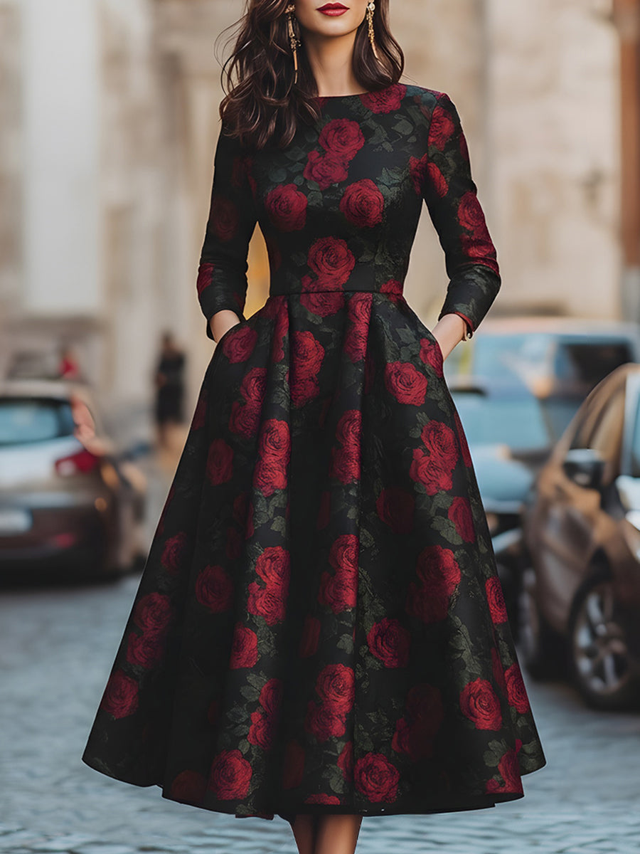 Elegant Jacquard Rose Print Midi Dress
