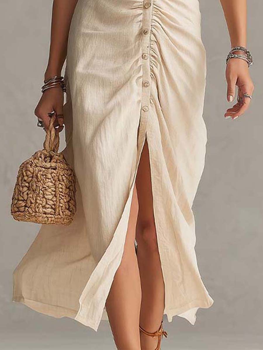 Elegant Vintage Cotton Button Midi Dress