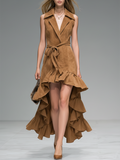 Fashionable Retro-style Collared Ruffled Sleeveless Faux Suede Maxi Dress