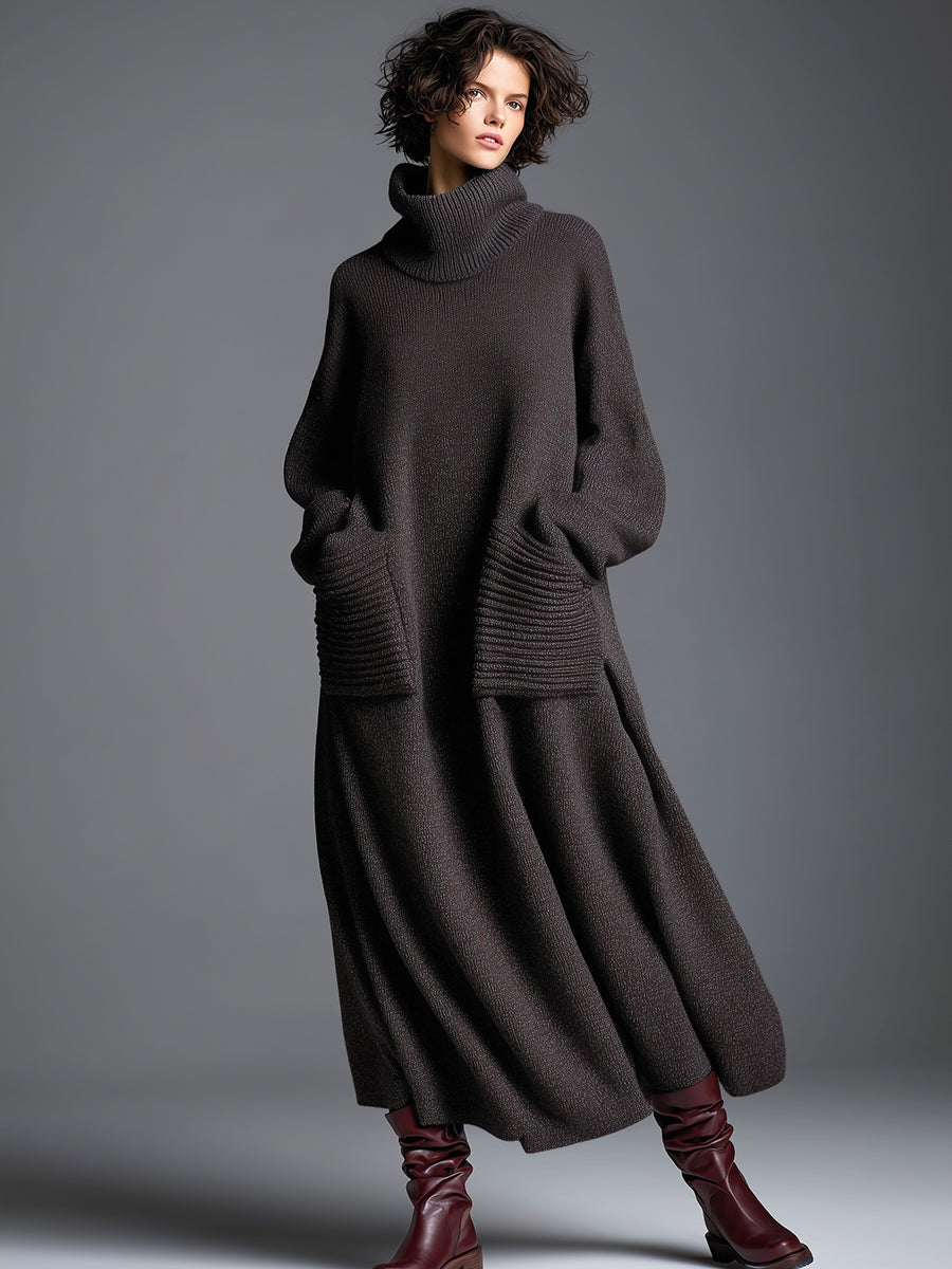 High-end Fashionable Loose Neckline Brown Knitted Maxi Dress