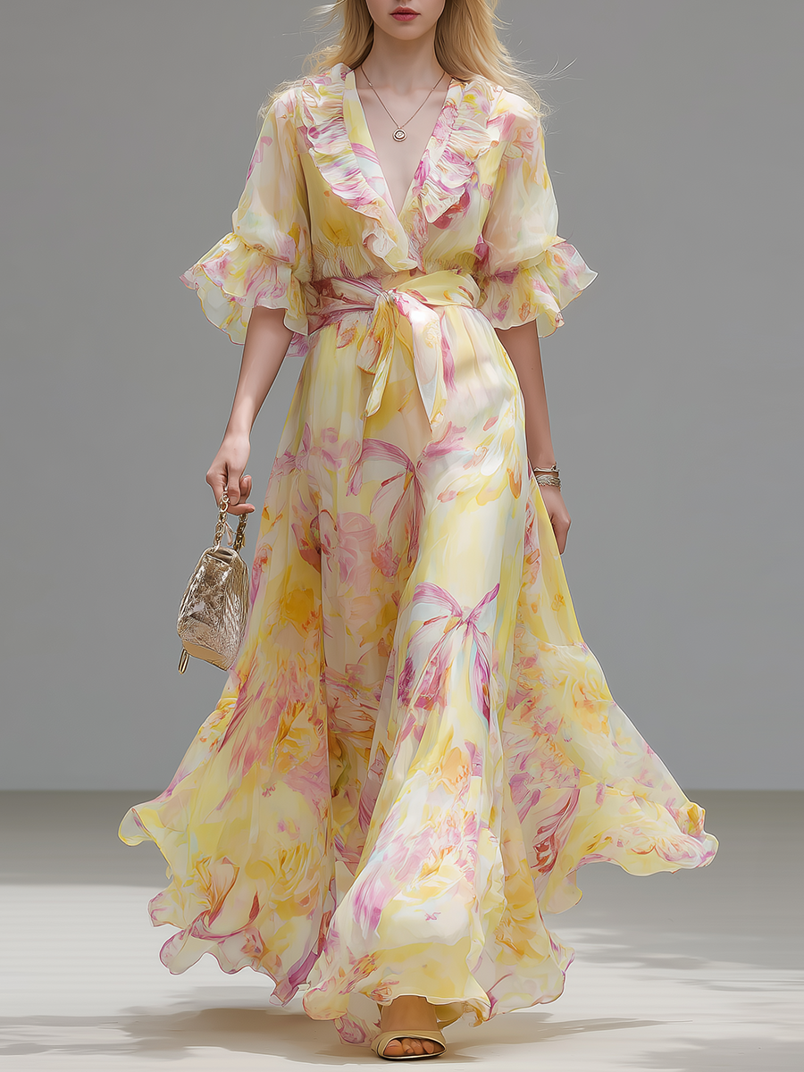 Elegant And Comfortable V-neck Ruffled Short-sleeved Long Dress