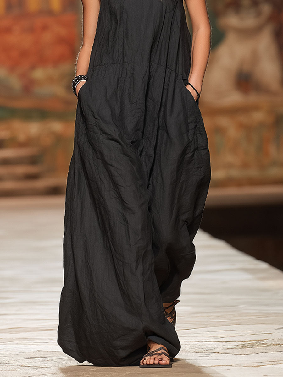 Slanted Collar Double-pocketed Cotton And Linen Sleeveless Maxi Dress