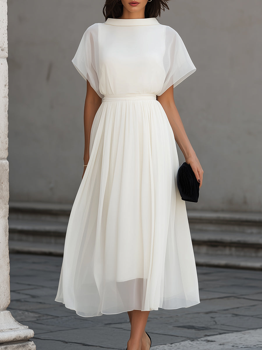 High Neck Sheer Sleeve Pleated Midi Dress