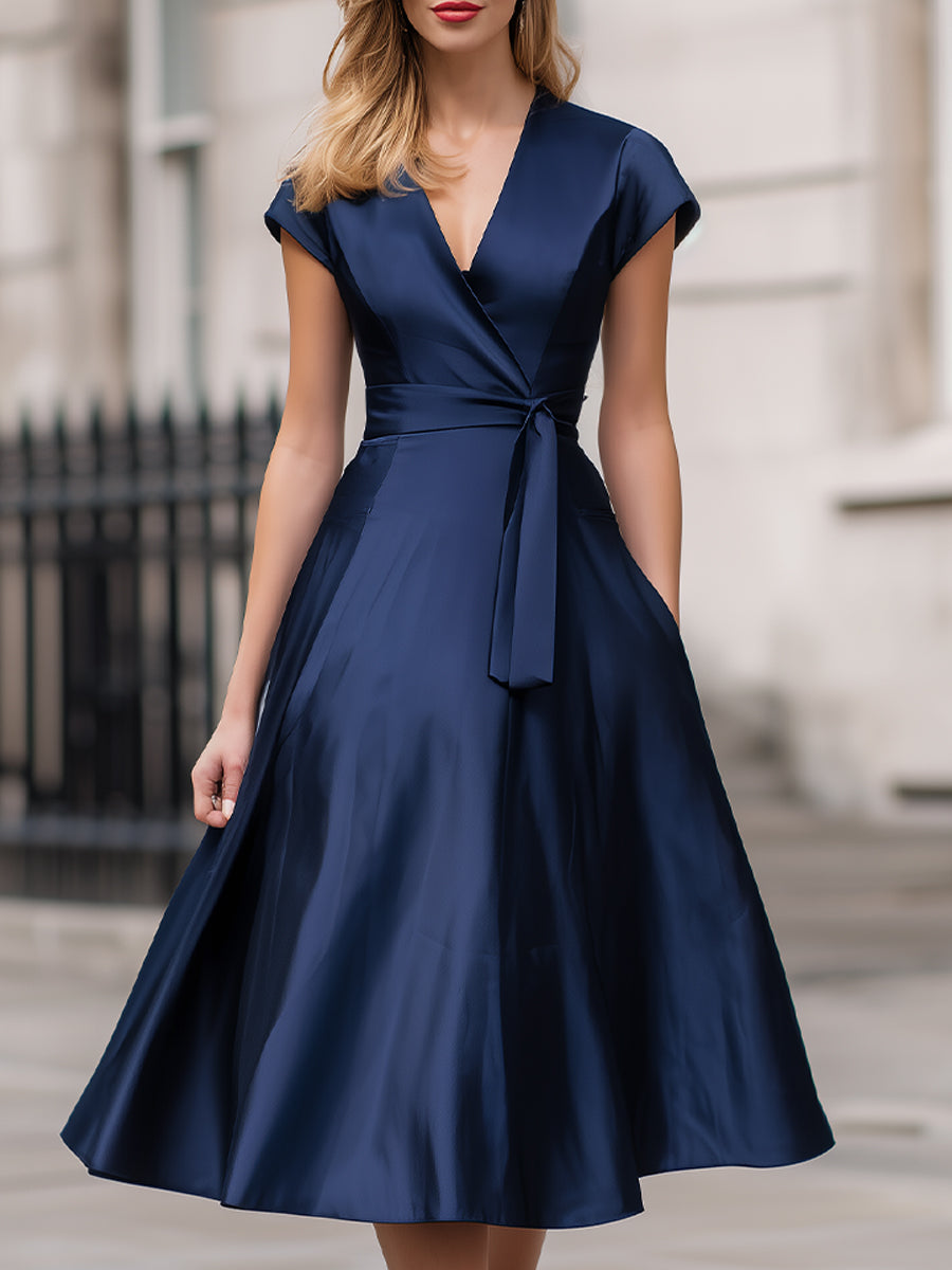 Navy Satin Wrap Midi Dress ¨C Timeless Elegance With A Flattering Silhouette