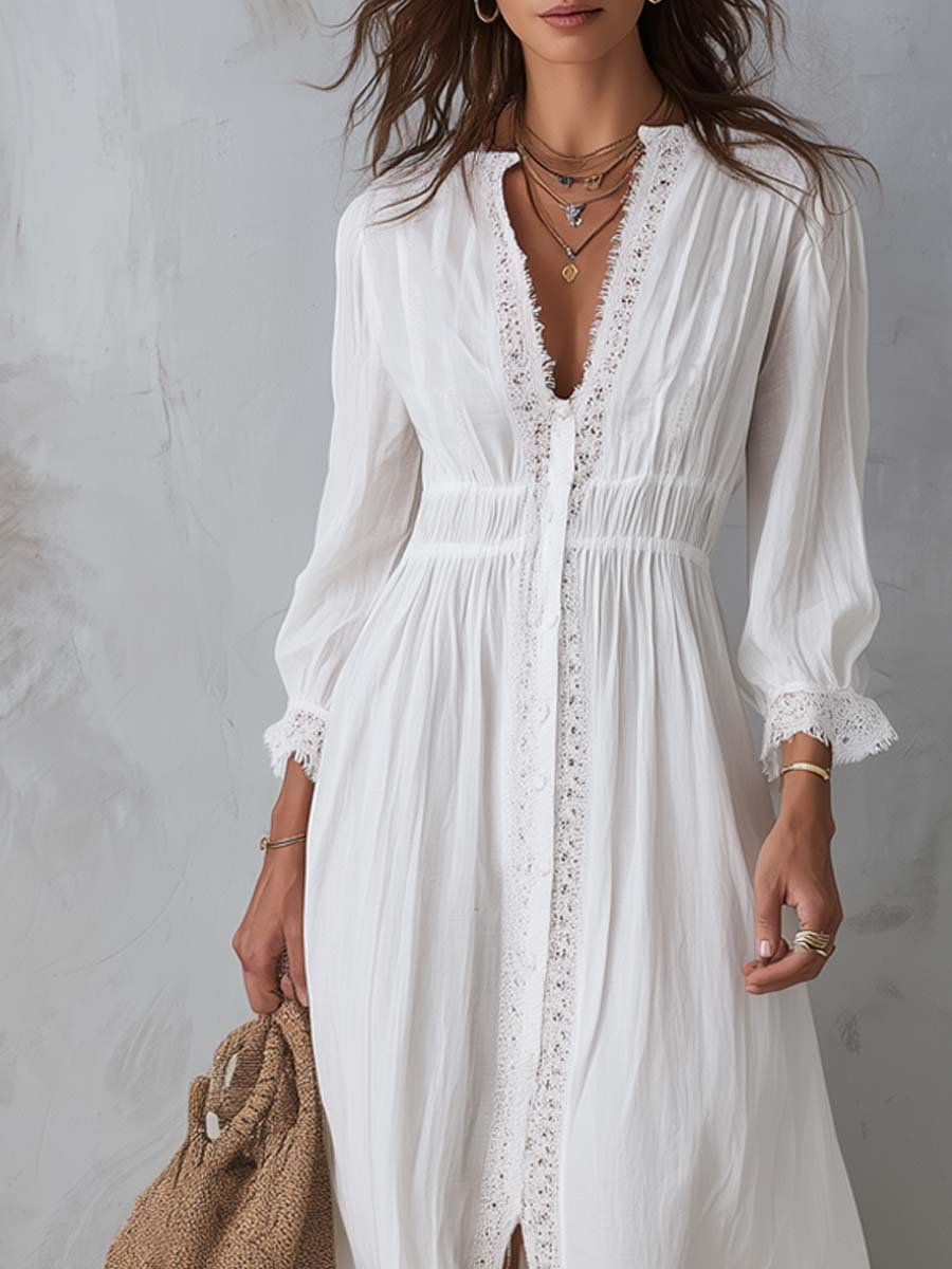Vintage Cotton Linen Lace-trimmed Shirt Midi Dress