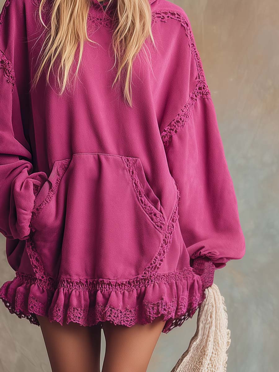 Elegant Retro Sporty Lace Trim And Ruffled Hem Rose Pink Cotton Hooded Style Mini Dress