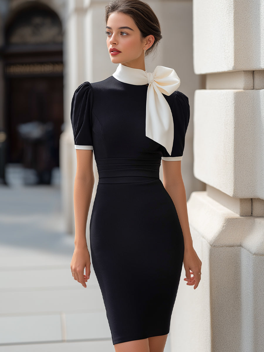 Contrast Bow Neck Puff Sleeve Pencil Dress