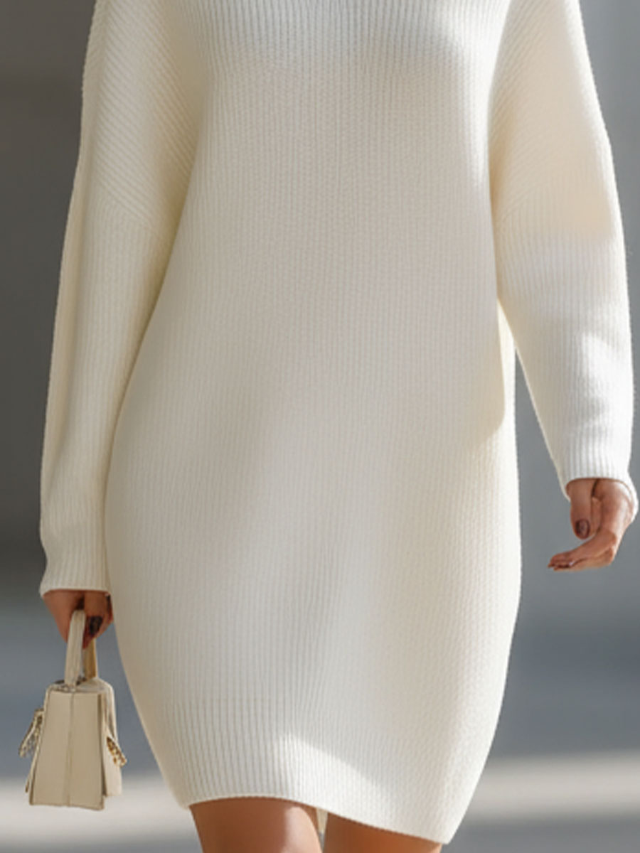 Elegant Cream Turtleneck Ribbed Knit Sweater Dress