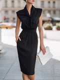 Sleeveless Tie-Neck Draped Pencil Dress With Defined Waist
