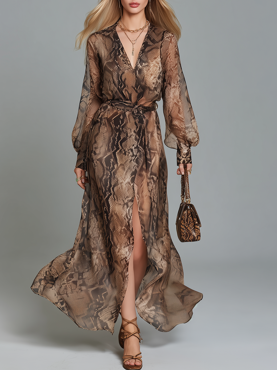 Fashionable Retro V-neck Long-sleeved Python Print Chiffon Maxi Dress