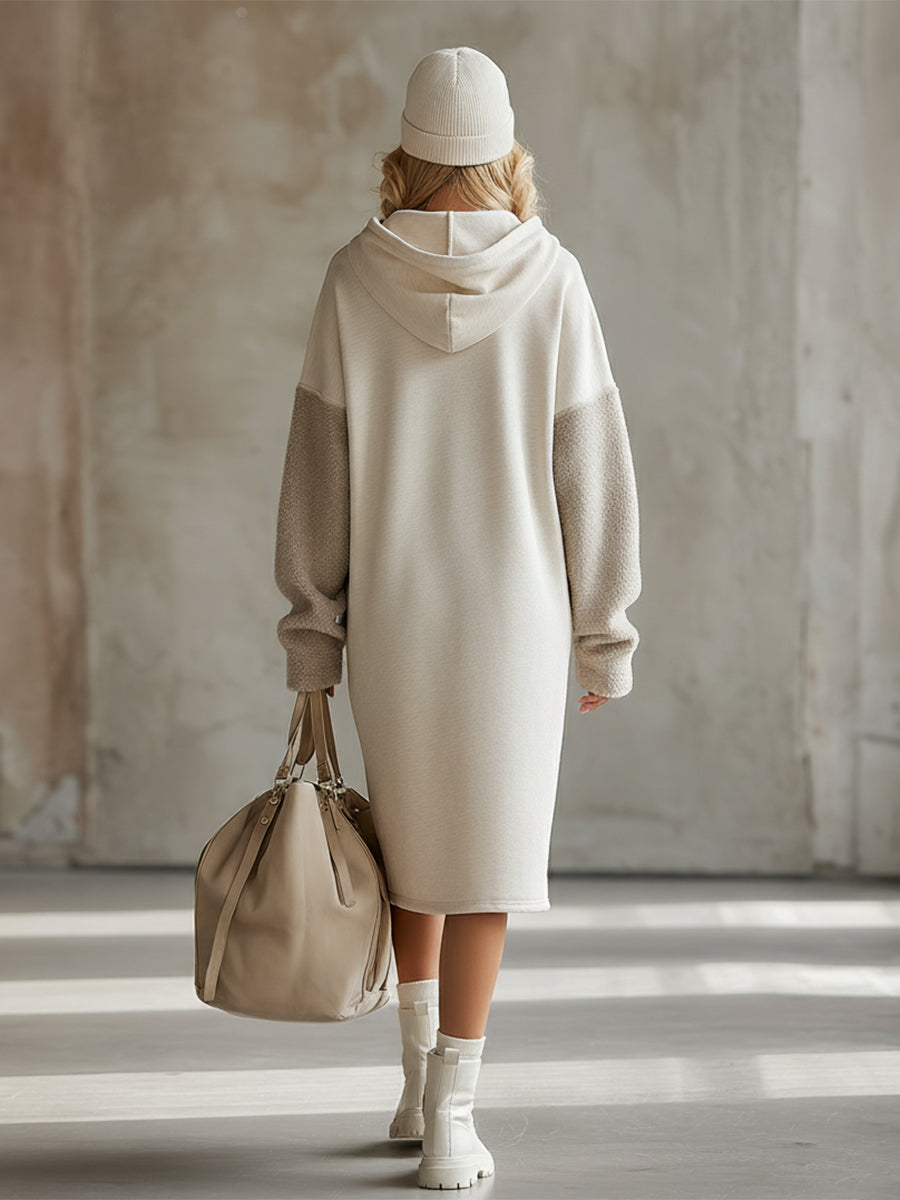 Fashionable Loose Hooded Polar Fleece Sleeve Beige Sweatshirt Midi Dress