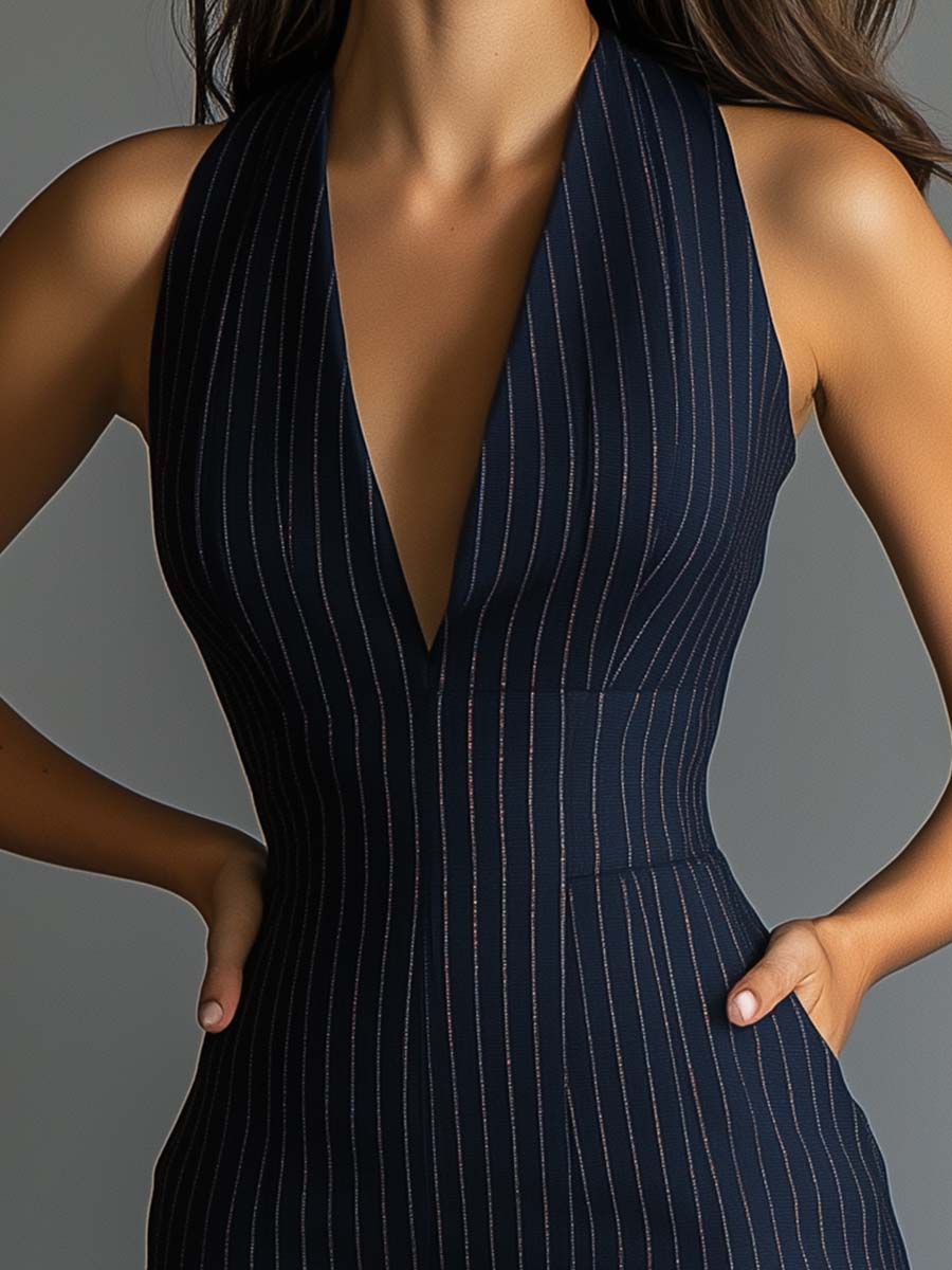 Halter Pinstripe V - neck Bodycon Dress