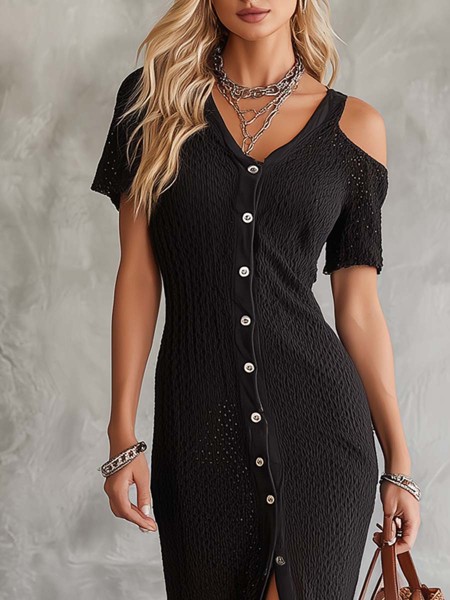 Retro Cold Shoulder Knitted Shirt Midi Dress