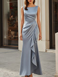 Asymmetric Draped Satin Flowing Maxi Dress