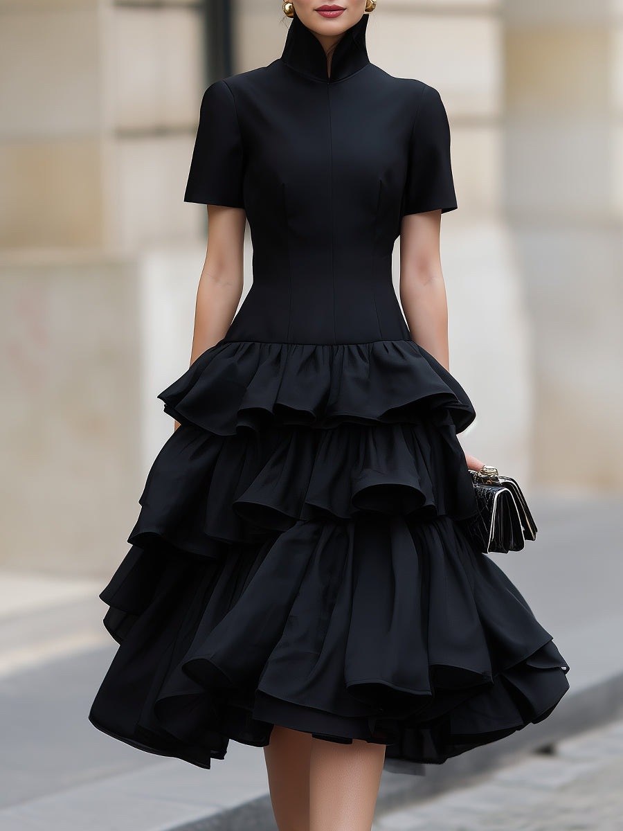 High Neck Tiered Ruffle Midi Dress