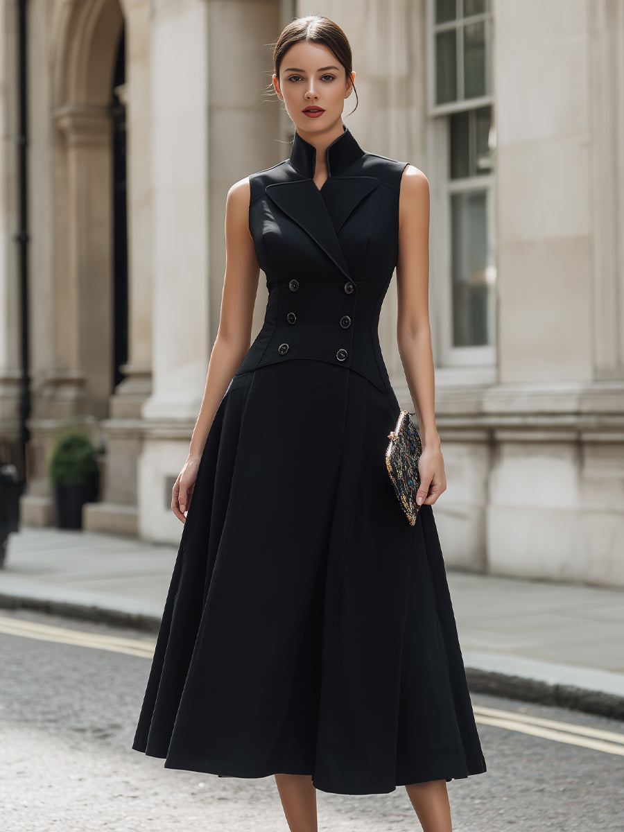 Tailored Sleeveless Double-Breasted Vest Midi Dress